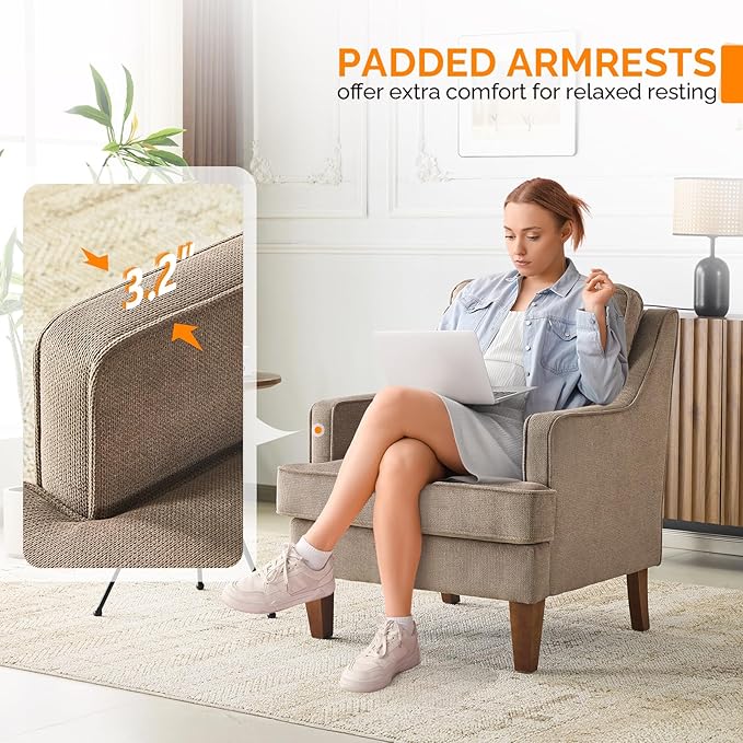 VINGLI Mid-Century Accent Chairs Set of 2 Light Brown Upholstered Armchair Comfy Sofa Chairs Reading Chair High Back Living Room Bedroom Furniture for Apartment