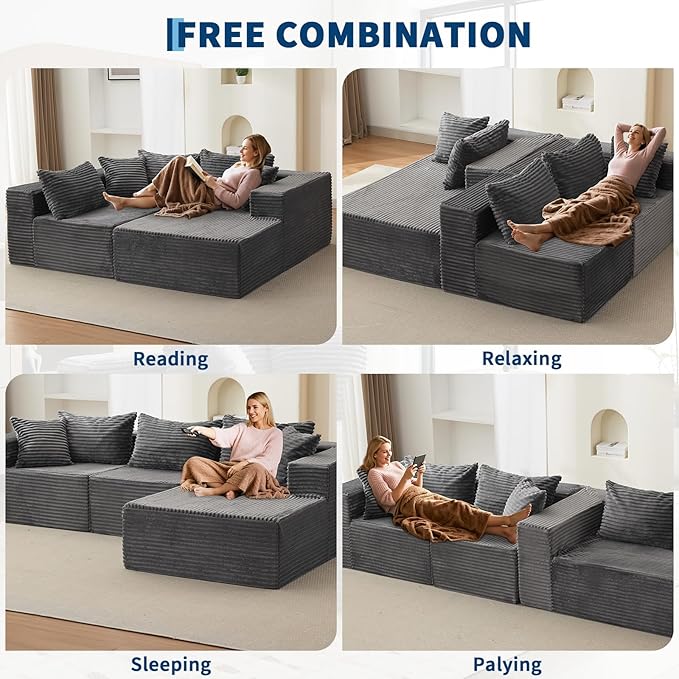 GarveeLife 108” Modular Sectional Sofa Cloud Sectional Couch with L-Shape Chaise Modern Modular Deep Seat Sofa Couch Upholstered Boneless Couches for Living Room Bedroom Right Facing Chaise Grey