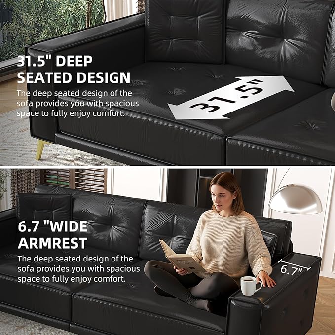 92.1'' King Pull out Sofa Bed Convertible Futon Couch 3-in-1 Faux Leather Sleeper Sofa with Tufted Back 2 Pillows Gold Legs Deep Folding Loveseat Couches for Living Room Apartment Black
