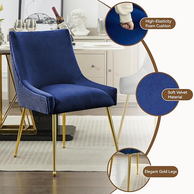 Velvet Dining Chairs Set of 4 Gold LegsUpholstered Velvet Accent Chairs Pleated Back Design &amp Gold Pull Handle Mid Century Modern Chairs for Dining/Kitchen/Living RoomBlue
