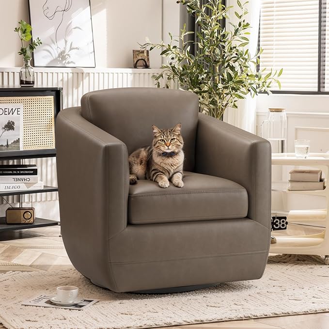 COLAMY 360° Swivel Accent Chair with Pillow Leather Living Room Armchair No-Sag Foam &amp Sturdy Metal Base Fully Assembled Swivel Accent Single Sofa for Bedroom Living Room Reading Room Wolf Gre