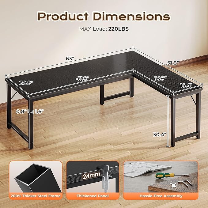 Huuger 63 Inch L Shaped Desk with 0.95 Inch Thicker Desktop Reversible Computer Larger Corner Office Gaming Desk Robust Metal Frame for Home Office Study Black