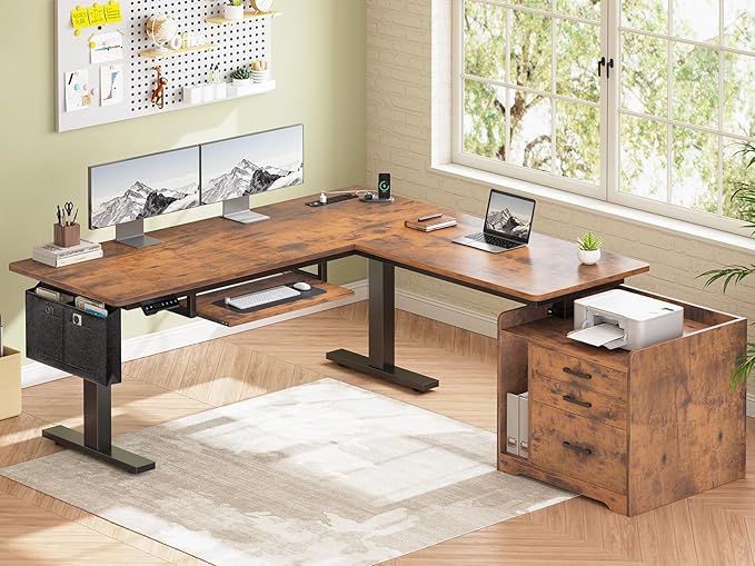 SEDETA L Shaped Electric Standing Desk with File Cabinet 63 x 53'' Height Adjustable Home Office Computer Desk with 3 Drawers Power Outlet Stand up Gaming Table with Led Lights Rustic Brown