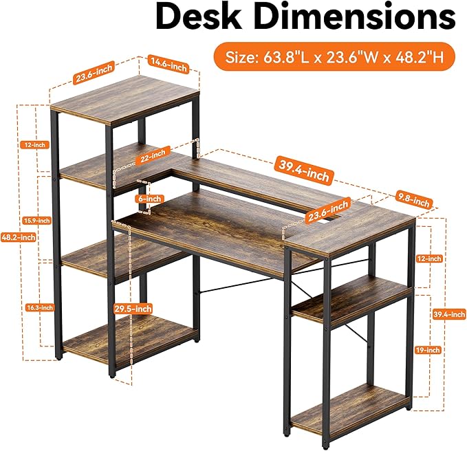 63-Inch Office Desk with Storage Shelves Computer Desk Home Desk with Monitor Stand for Study Writing PC Work Gaming Rustic Brown