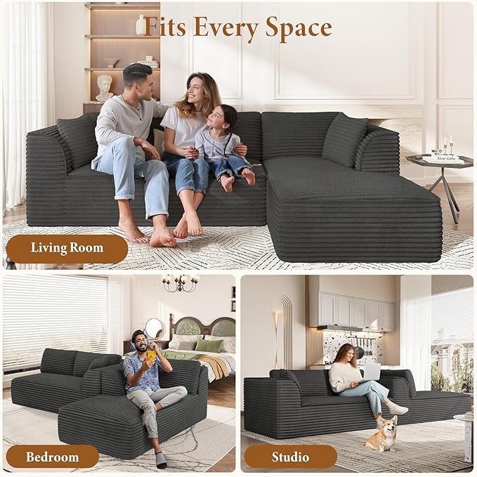 Vesgantti 106 Cloud Couch with Chaise Deep Seat Fluffy Modular Sectional Sofa Corduroy Memory Foam Boneless Couches for Living Room Bedroom No Assembly Required (Grey Right-Facing Chaise)