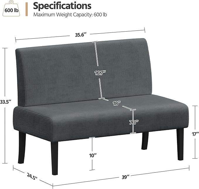 Yaheetech Small Mini Sofa Couch Armless Loveseat Futon for Bedroom Corduroy Fabric &amp Easy Assembly for Small Spaces Living RoomDormOfficeApartment Dark Grey