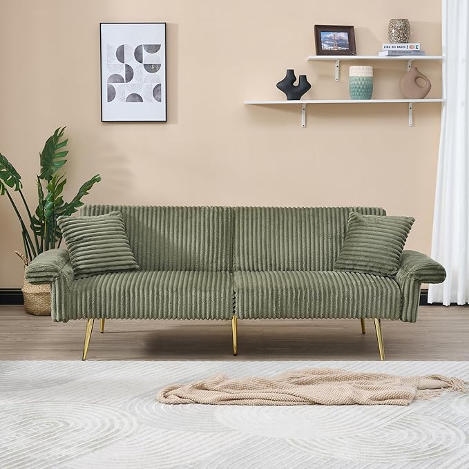 Green 79 Convertible Futon Sofa Bed with Adjustable Backrest &amp Armrests Modern Corduroy Folding Loveseat Sleeper Couches with Two Soft Pillows for Living Room Apartment Office (Green)