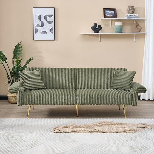 Green 79 Convertible Futon Sofa Bed with Adjustable Backrest &amp Armrests Modern Corduroy Folding Loveseat Sleeper Couches with Two Soft Pillows for Living Room Apartment Office (Green)