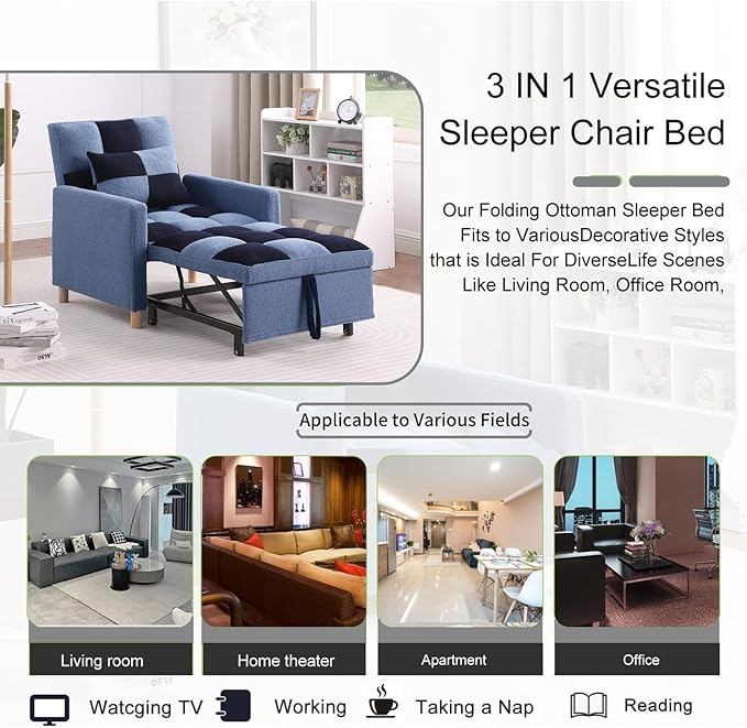 3-in-1 Convertible Chair Bed Single Sofa Bed Pull Out Sleeper with Adjustable Backrest Lounger for Living Room (Blue)