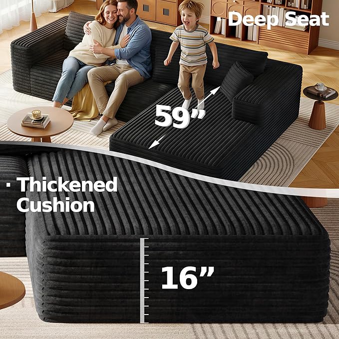 108.2 Modular Sectional Sofa with Deep Seat Boneless L Shaped Corduroy Couch Modern Comfort Cloud Couch Oversized for Living Room No Assembly (Right Facing ChaiseBlack)