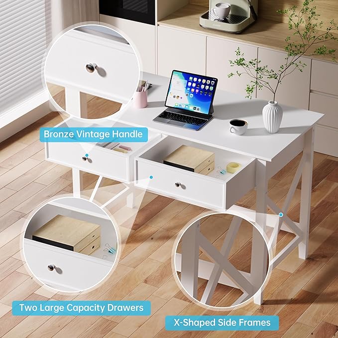 White Computer Desk with 2 Drawers Modern Makeup Vanity Desk with Storage Writing Desk for Home Office 42'' Long Study Simple White Desk for Bedroom Console Table Living Room