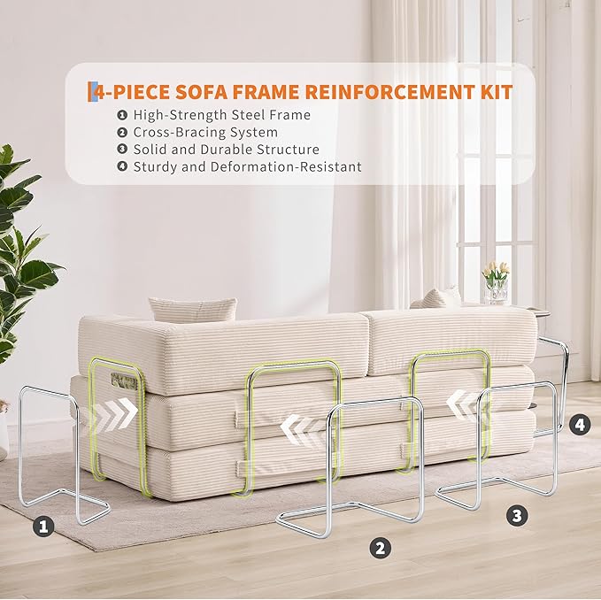 Garvee 5-in-1 Convertible Sofa Bed 78.8 Modular Corduroy Sleeper with Sturdy Frame &amp No Assembly Multi-Functional Futon for Small Space Living Room &amp Guest Room (Green) (Beige)
