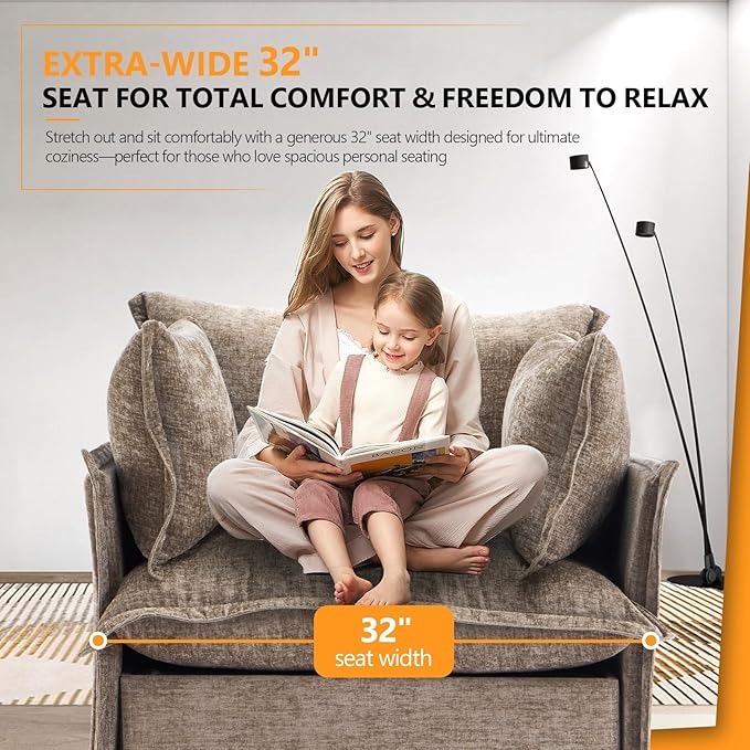 VINGLI Accent Chairs Set of 2 Light Brown 34 Width Oversized Reading Chair Upholstered Armchair Soft Chenille Fabric Living Room Chairs Sofa for Adults Bedroom Home Office Play Room