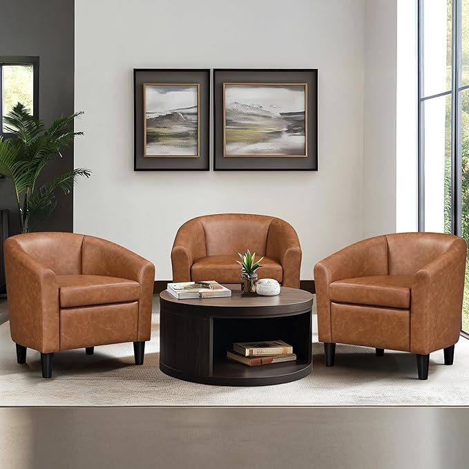 Topeakmart Leather Accent Chair PU Leather Modern Barrel Chair Club Armchair with Soft Padded for Living Room Bedroom Brown Set of 2