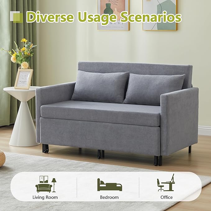QHITTY Pull Out Couch Bed 2-in-1 Sleeper Sofa Small Loveseat Bed with Hidden Side Table and Iron Frame for Living Room Small Space Apartment (Grey)