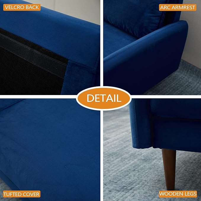 INSTORY Velvet Sofa Mid-Century Modern Couch with Wooden Legs for Living Room - Space Blue