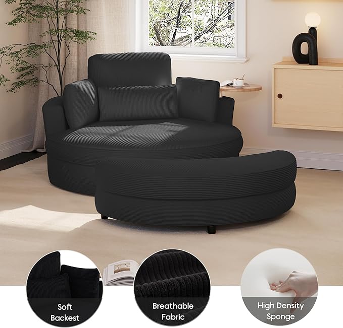 Yoglad Oversized Round Swivel Accent Chair with Ottoman &amp Wooden Armrest Tray – 360° Rotation and Stylish Modern Corduroy Fabric Perfect for Living Room/Apartment/Studio(Black)