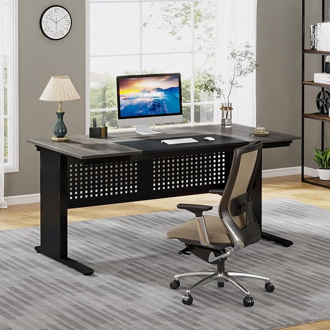 Tribesigns 63 Inch Executive Desk with File Cabinet L Shaped Office Desk with Drawers and Storage Shelves Business Furniture Set Workstation for Home Office Gray and Black
