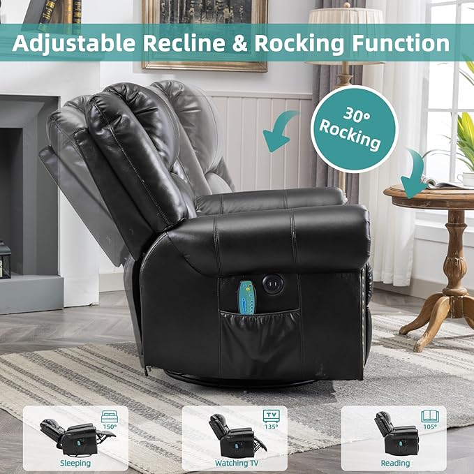MEETWARM Massage Swivel Rocker Recliner with Heat and Vibration Manual Glider Rocking Recliner Chair 360°Swivel Lounge Reclining Chair with Remote Control/USB Ports for Living Room(Black)