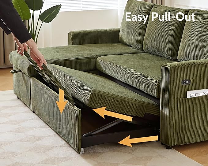 WEUP 82 L Shaped Sectional Sleeper Sofa Bed with Pull Out Bed Sectional Sleeper Couch Pull Out Couch with Reclining Backrest/Reversible Storage Chaise/USB Ports/Tool-Free Assembly Corduroy Green