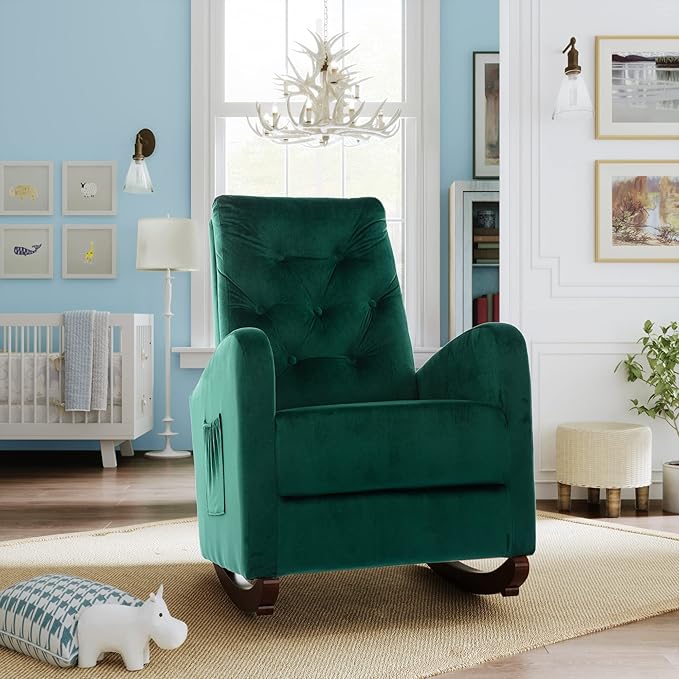 Cozy Velvet Reclining Rocking Chair with Side Storage Pocket Comfortable Button Tufted Rocker Elegant and Functional Rocking Recliner Chair Ideal for Living Room &amp Nursery Emerald