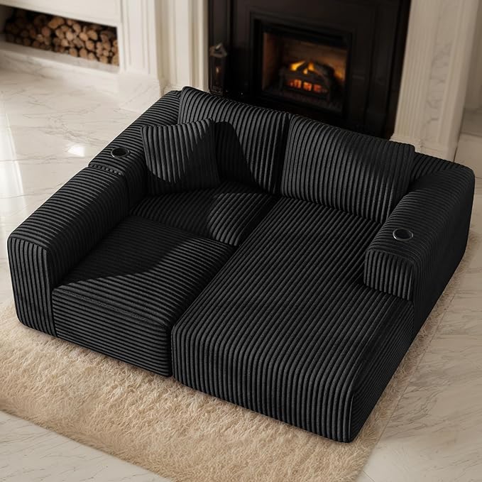 DURASPACE Modular Sectional Sofa Cloud Boneless Couch with Deep Seat Cup Holder Memory Foam Corduroy L Shaped Couch Convertible Sofa Bed for Living Room Bedroom No Assembly Required