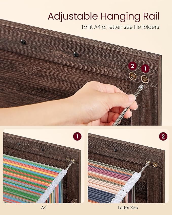 VASAGLE File Cabinet Filing Cabinet with 3 Drawers Printer Stand Fit A4 Letter Size Hanging File Folders Modern Farmhouse Style for Home Office Maroon Brown UOFC054K02