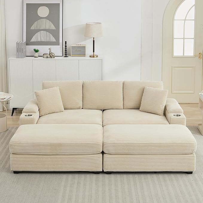 86.6 Sectional Sofa Couch with 2 Ottomans Comfy Corduroy Upholstered Cloud Modular Convertible Couch with Cup Holders and USB Armrest Storage Deep Seat Oversized Loveseat for Living Room Beige