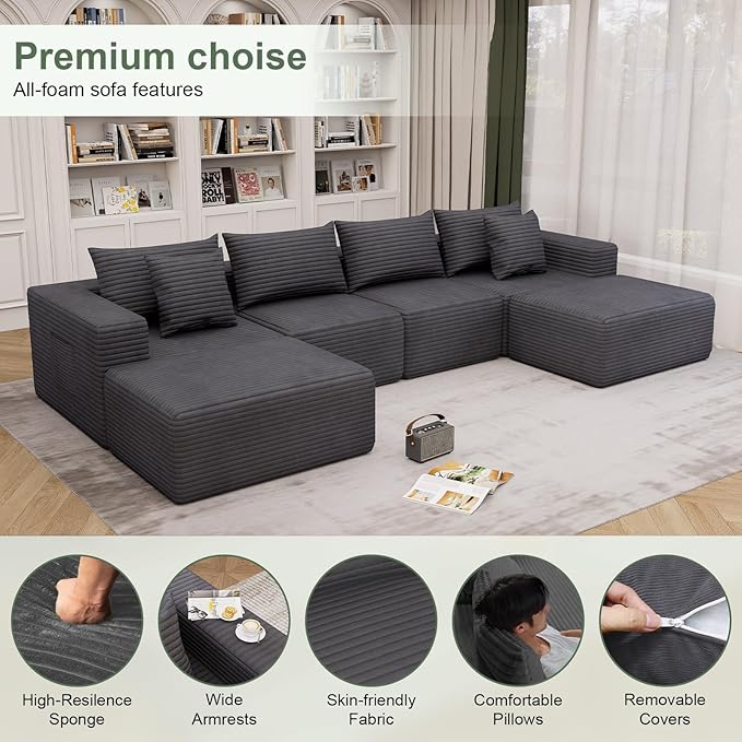 Oversized Cloud Modular Sofa – Deep Seat Corduroy Couch with Pillows No Assembly Convertible &amp Customizable Design Soft All-Foam Comfort for Living Room &amp Bedroom (Gray Loveseat)