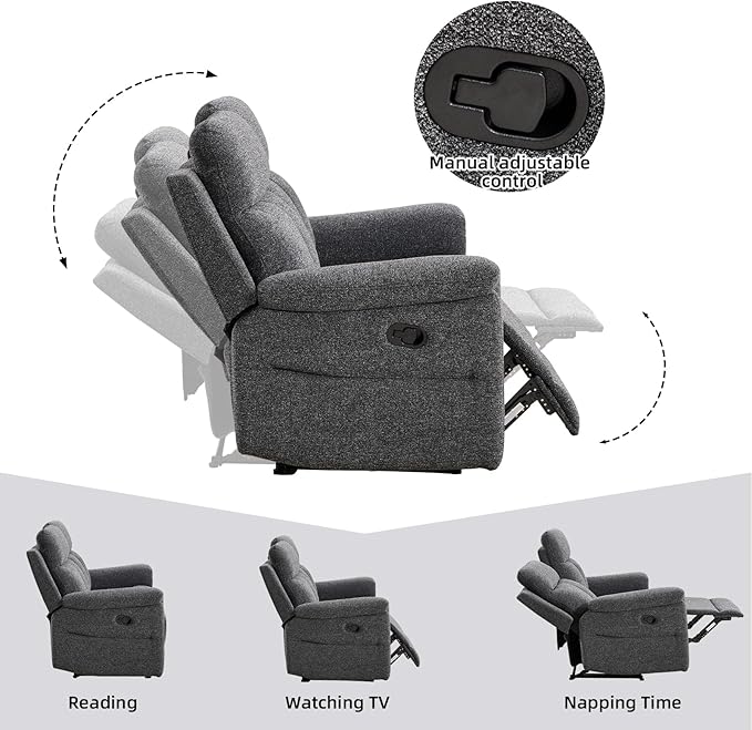 Manual Reclining Sofa 3 Seat Soft Fabric Recliner Couch for Adults with Overstuffed Arms and Back Sofa Recliner for Living Room (Dark Gray)