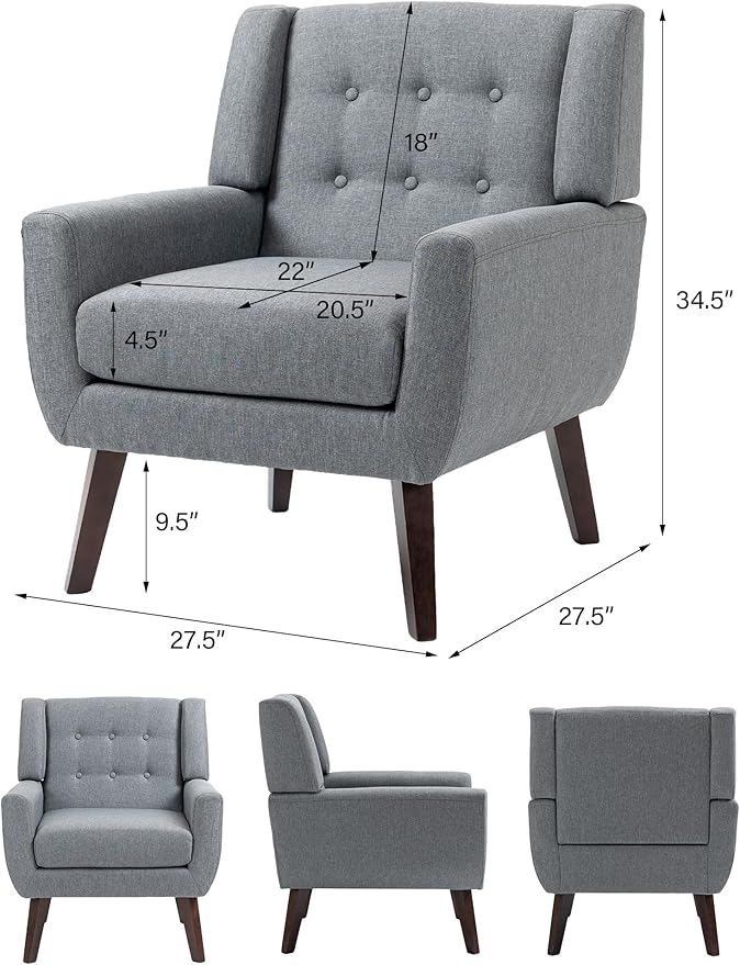Accent Chair Mid-Century Modern Fabric Chairs with Arms for Living Room Comfy Upholstered Club Single Sofa Armchair for Bedroom Waiting Room with Solid Wood Frame (Fabric Grey Set of 2)