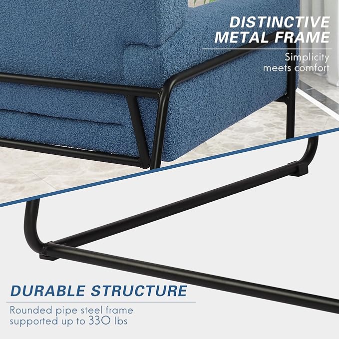 LSSBOUGHT Sherpa Accent Chair Modern Upholstered Single Sofa with Metal Legs Teddy Barrel Arm Chair for Reading Living Room Bedroom Office Blue