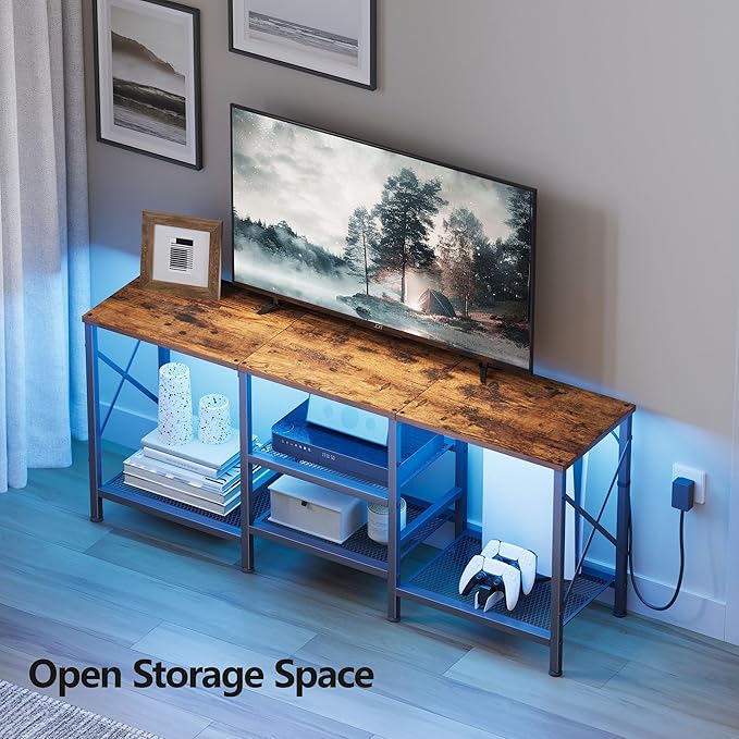 TV Stand with LED Lights for 55 Inch TV Entertainment Center with 3-Tier Open Shelves TV Console Table for Living Room Bedroom Rustic Brown