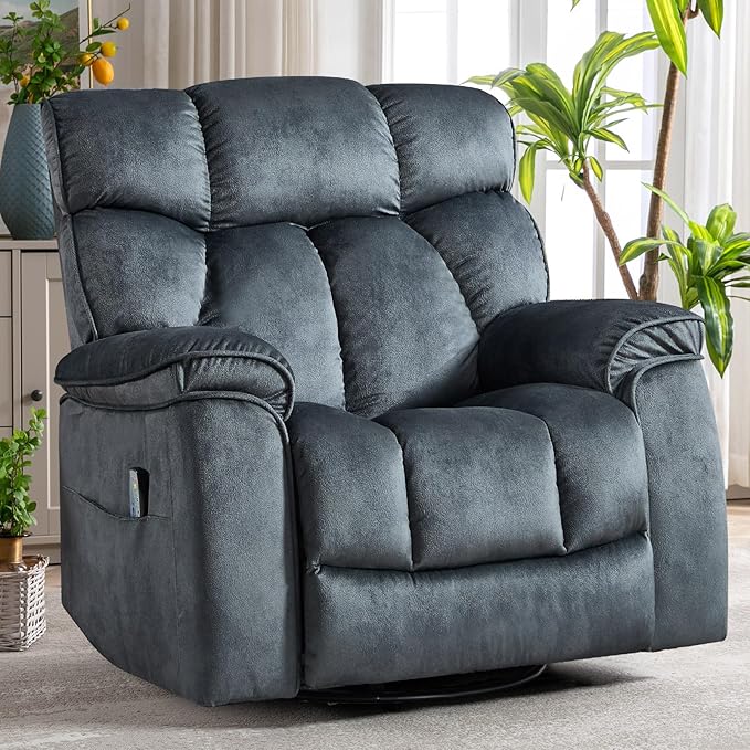 INZOY Oversized Rocker Recliner with Heat and Vibration Manual Swivel Rocking Recliner Chair with Vibrating Massage Comfy Padded Overstuffed Soft Fabric Heated Recliner Grey