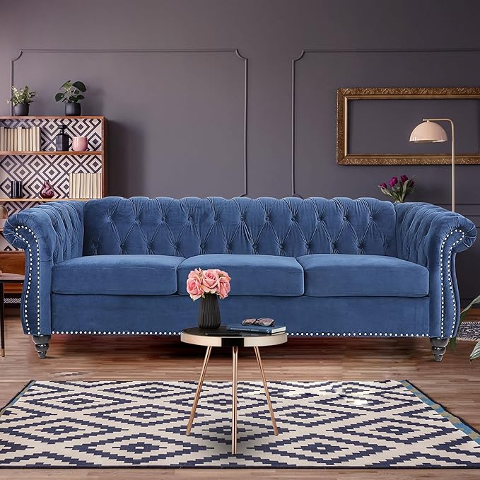 Chesterfield Sofa Modern Velvet Tufted Couch 3 Seater with Scroll Arms and Nailhead for Living Room Bedroom Office Apartment (Blue)