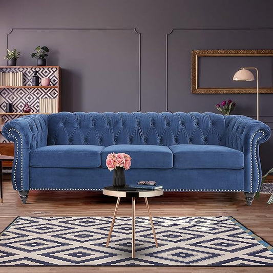 Chesterfield Sofa Modern Velvet Tufted Couch 3 Seater with Scroll Arms and Nailhead for Living Room Bedroom Office Apartment (Blue)