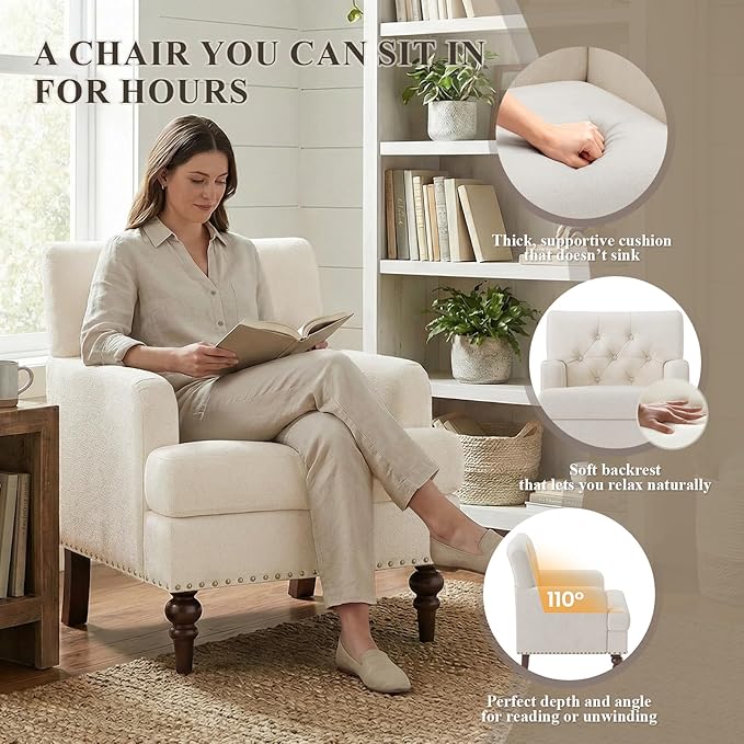 Upholstered Accent Chair with Thick Cushion High Back Reading Chair Linen Blend Armchair with Solid Rubberwood Legs for Living Room Bedroom Reading Apartment &amp Small SpacesBeigeSet of 2