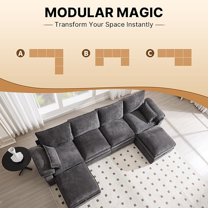130 Modular Sectional Sofa U Shaped with Storage Chenille Cloud Couch for Small Spaces Living Room Apartment Comfy Deep Seat with Reversible Ottoman (6 Seats Grey)