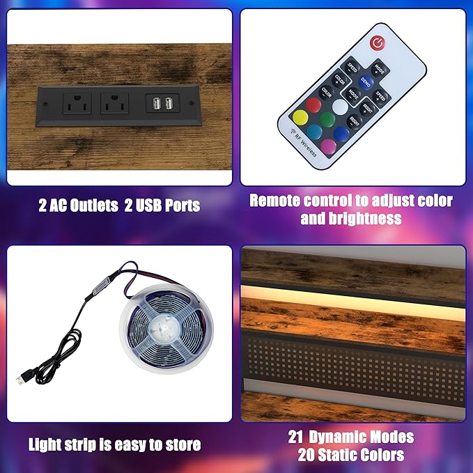 WiberWi L Shaped Desk Office Computer Corner Desk 67” Home Gaming Table with Power Outlet &amp LED Light Writing Study Workstation with Shelves &amp Pegboard Organizer for Home OfficeRustic Brow