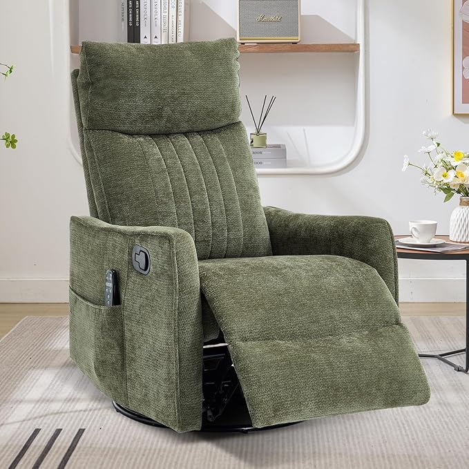 Swivel Rocker Recliner Chair 360° Swivel Recliner with Heat and Massage Rocker Recliner Nursery Glider Chair with Side Pockets for Living Room (Olive Green Fabric)