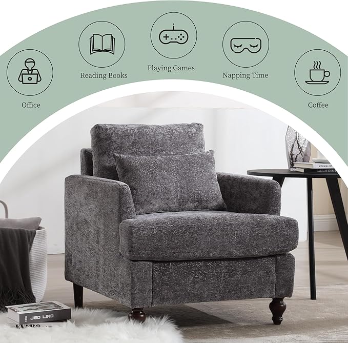 Modern Accent Chair Living Room Upholstered Chenille Armchair with Waist Pillow Single Sofa for Living Room Bedroom Office Grey
