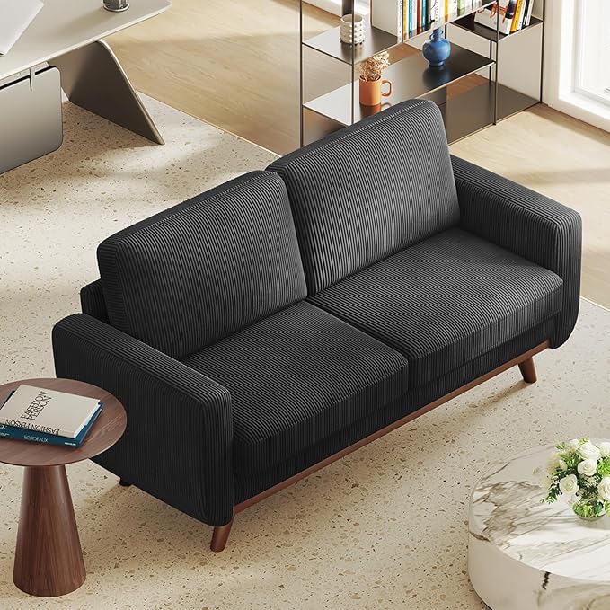 Vesgantti 68 Loveseat Sofa Black Comfy Corduroy Couch with Spring Cushion and Solid Wood Modern Extra Deep Seat for Bedroom Living Room Office