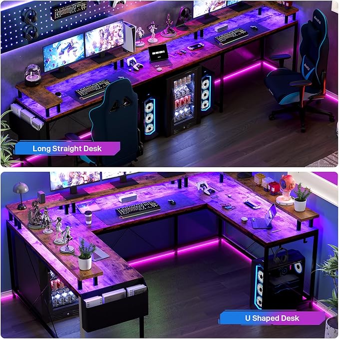 GAOMON U Shaped Desk 126 Inch Gaming Desk with Monitor Stand and LED Lights Reversible Shaped Large Computer Desk with Power Outlets Office Desk with Storage Bag and Hooks Vintage