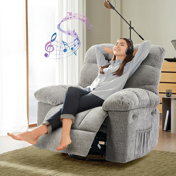Rocker Swivel Recliner Chair for Adults - Overstuffed Comfy Soft Fabric Manual Recliner Glider Nursery Rocking Sofa Chair for Living Room(Light Gray)