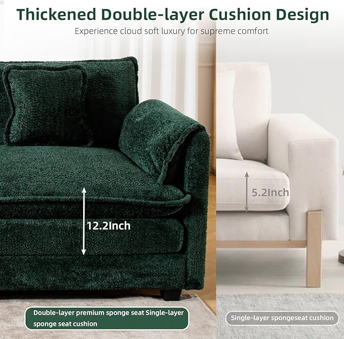 GNIXUU 112 Green Modular Cloud Couch Sofa Modern Chenille L Shaped Sectional Couches for Living Room Comfy Deep 4 Seater Sofa with Movable Ottoman &amp 3 Pillows