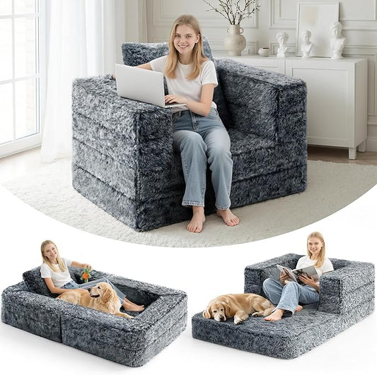 HABUTWAY Convertible Sofa Bed 3-in-1 Futon Sofa Bed with Pillow Foldable Pull Out Floor Sofa Bed with Removable Cover Plush Boneless Couch for Living Room/Bedroom/Dorm