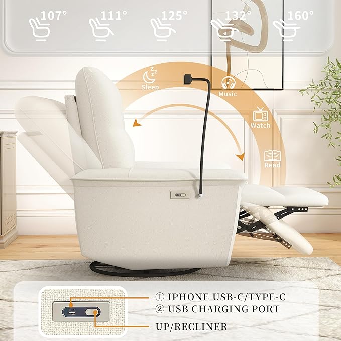 Power Swivel Rocker Recliner Chair for Nursery Upholstered Glider Rocking Chair with Phone HolderUSB Ports Small Recliners for Small Spaces Living Room Bedroom