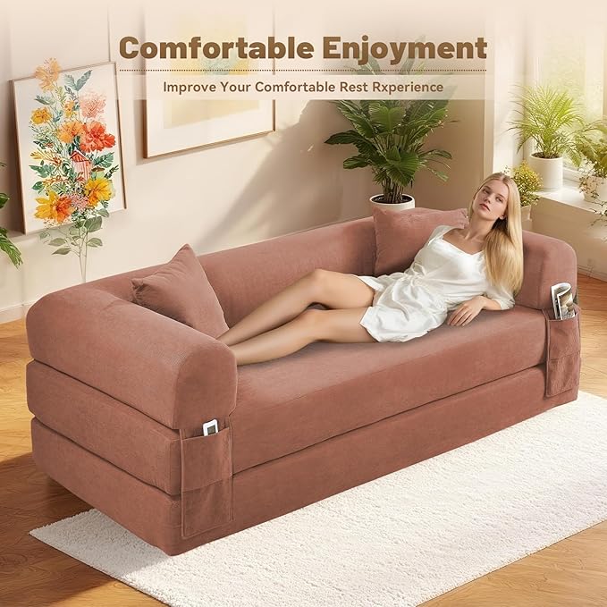 Convertible Futon Sofa Bed80 Folding Pull Out Couch Bed with StorageQueen Sleeper Sofa BedCompressed Couch in a BoxCorduroy Boneless Couches for Living RoomPink