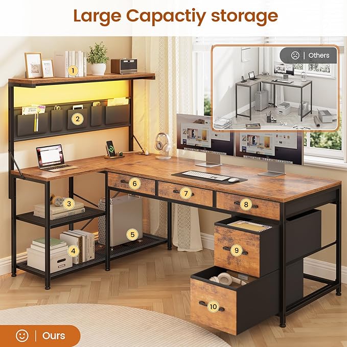 Itaar L Shaped Desk with 5 Drawers and Storage Shelves Reversible Computer Desk with Bookshelf for Home Office Corner Gaming Desk with LED Lights Power Outlets and Storage Bad Rustic Brown