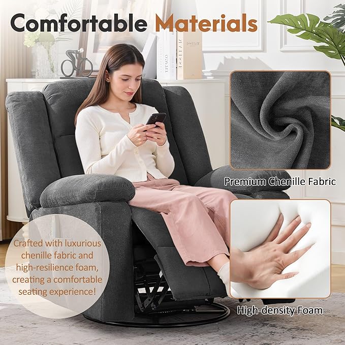Rocker Recliner Chair for Adults 360° Swivel Rocker Recliner with Massage and Heating Nursery Rocking Chairs with Side Pockets Manual Reclining Chair for Living Room Bedroom or Nursery